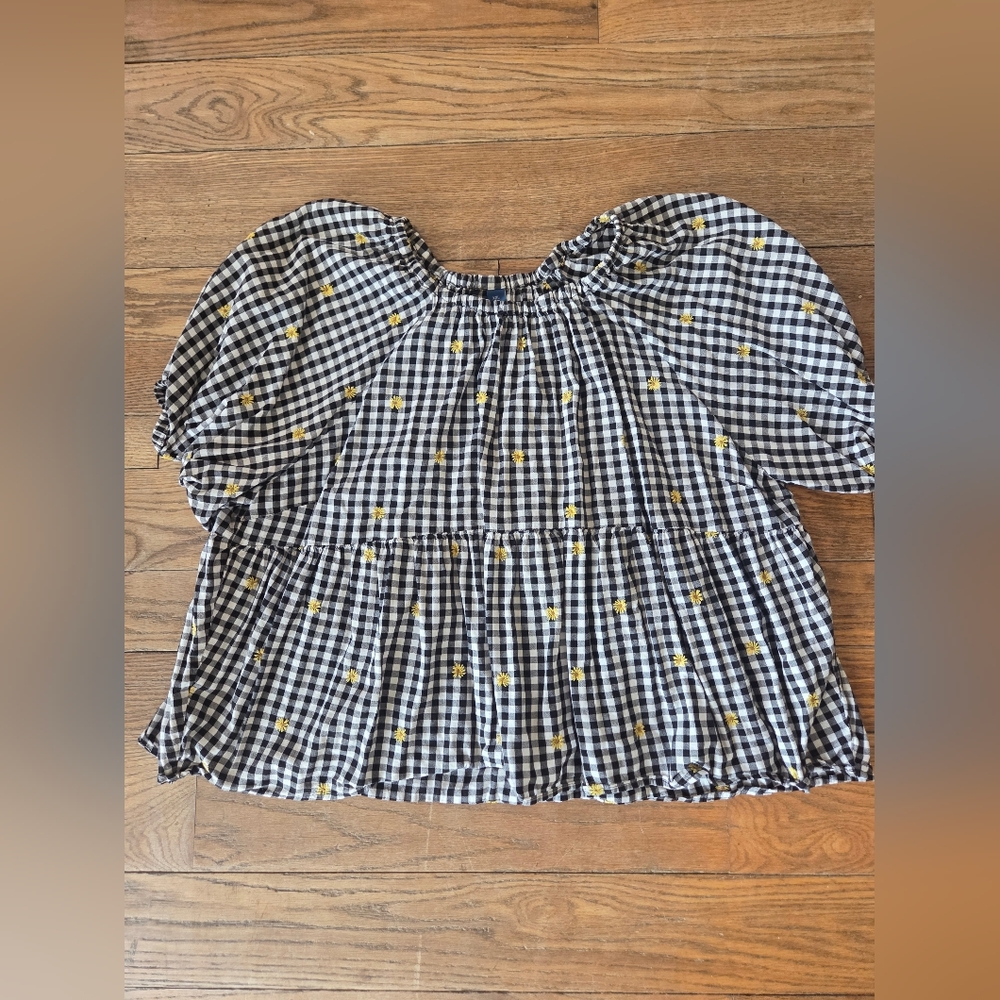Old Navy Black & White Gingham Top with Yellow Flower Accents